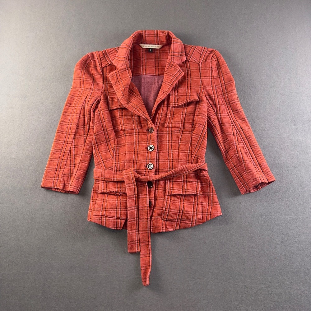 Diane von Furstenberg Red Plaid Belted‎ Safari Jacket Size 6 Cotton Blend Knit
